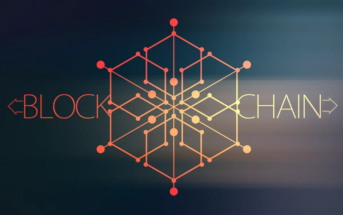 Orange hexagon node diagram with the word blockchain, illustrating an open-source explorer