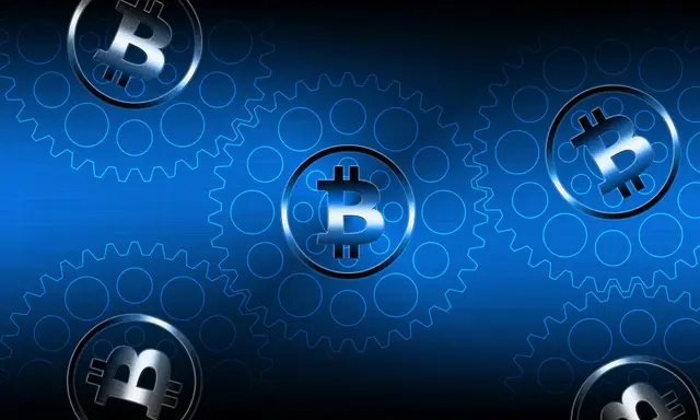 Blue gears with coin symbols illustrating how an explorer indexes and decodes blockchain data