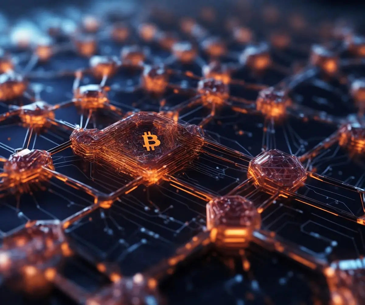 Glowing orange network of connected blocks representing a blockchain explorer
